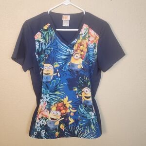 Despicable Me Navy Tropical Print Scrub Top Small (5300)